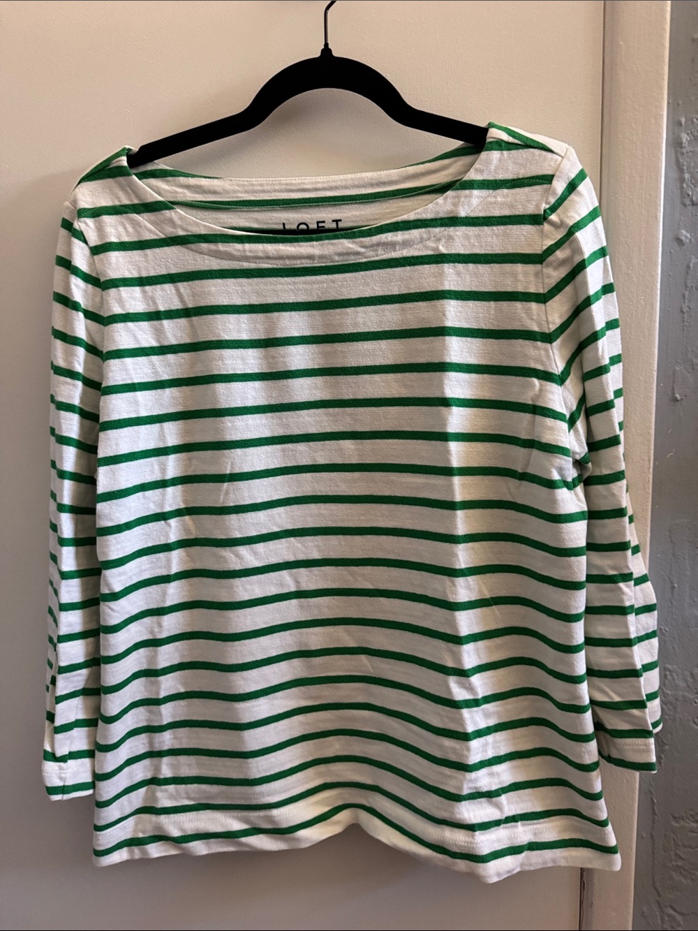 EUC LOFT Green & White Stripe Harbor Boatneck 3/4 Sleeve Top. Cotton. Sz L.